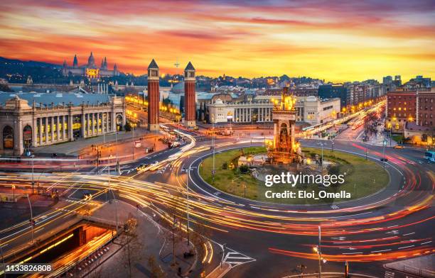 plaça d'espanya (plaza de españa - spain square) long exposure at sunset in barcelona - spain night stock pictures, royalty-free photos & images