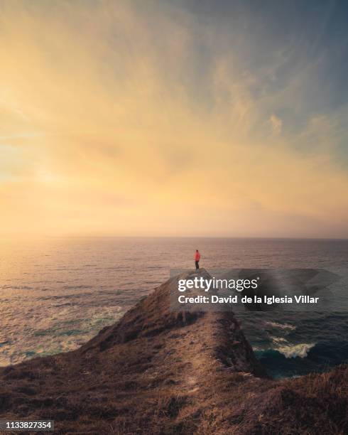 a man at the top of a cliff - david cliff stock-fotos und bilder