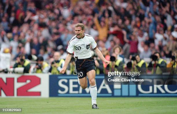 Germany striker Oliver Bierhoff celebrates after scoring the Golden Goal to win the 1996 UEFA European Championships Final against Czech Republic by...