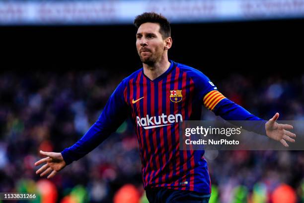 Leo Messi of FC Barcelona celebrating his goal during the &quot;Derby&quot; of La Liga match between FC Barcelona and RCD Espanyol in Camp Nou...