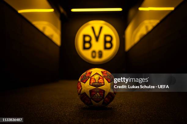 General view of the players tunnel with the official match ball inside the stadium prior to the UEFA Champions League Round of 16 Second Leg match...