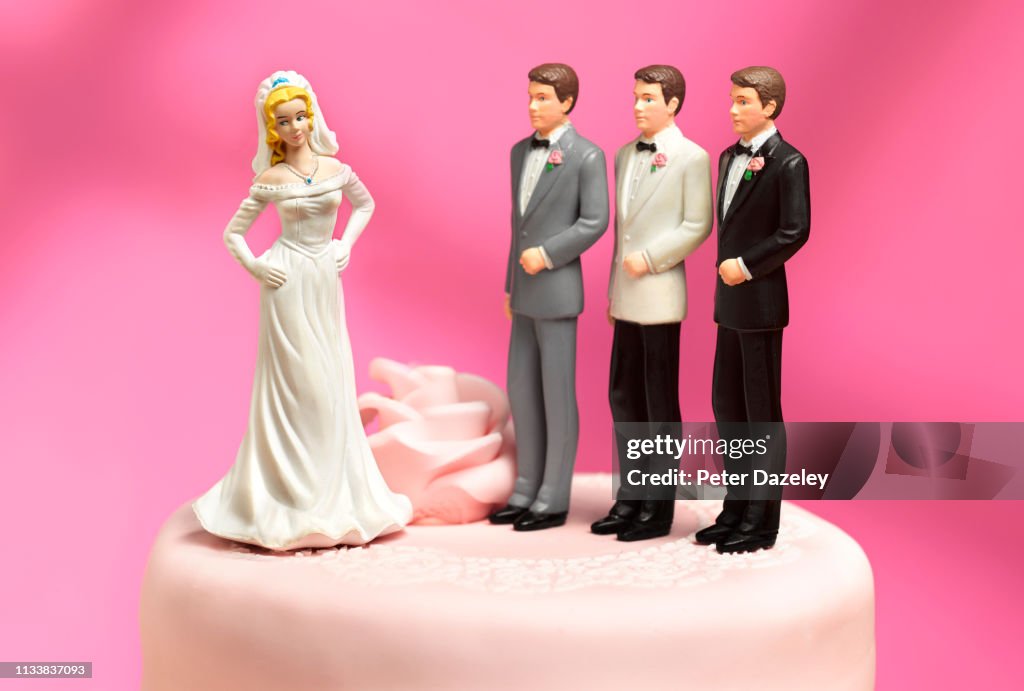 Bride and three choices of ex boyfriends to be groom
