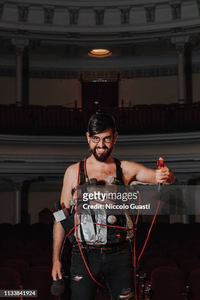 Comedian Manu Sanchez poses with a false explosive belt during a portrait session in the Theater of Command of a military district at Plaza de...