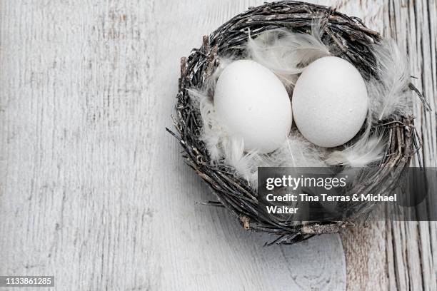 eggs in nest on white wooden background. easter. - osterkorb stock pictures, royalty-free photos & images