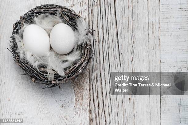 eggs in nest on white wooden background. easter. - festliches ereignis stockfoto's en -beelden