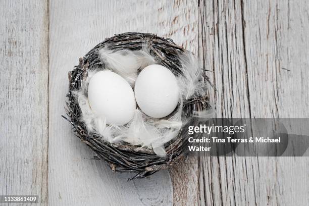 eggs in nest on white wooden background. easter. - hausdekor stockfoto's en -beelden