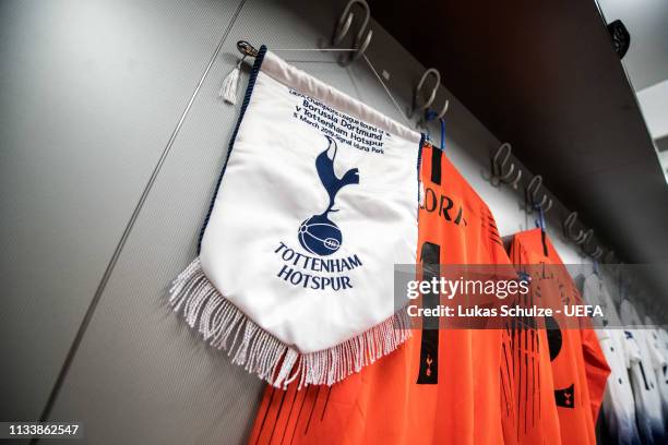 The pennant is seen in the dressing room of Tottenham prior to the UEFA Champions League Round of 16 Second Leg match between Borussia Dortmund and...