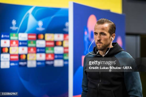 Harry Kane of Tottenham arrives for the UEFA Champions League Round of 16 Second Leg match between Borussia Dortmund and Tottenham Hotspur at...