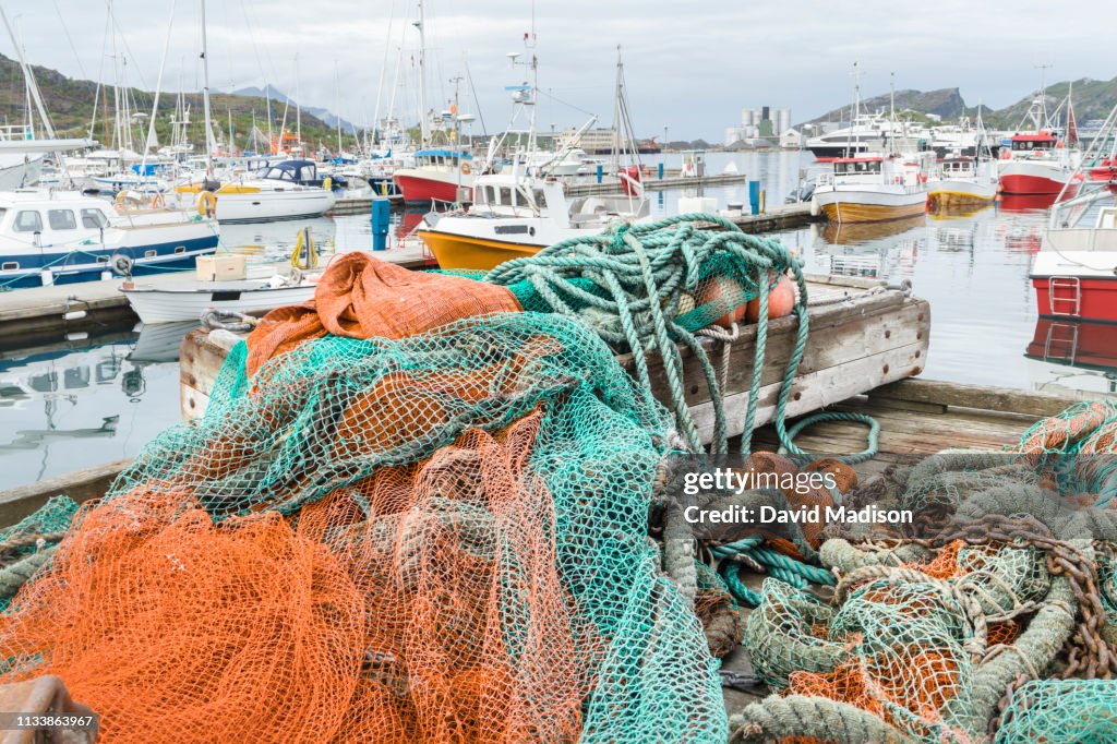 Fishing nets on dock in harbor