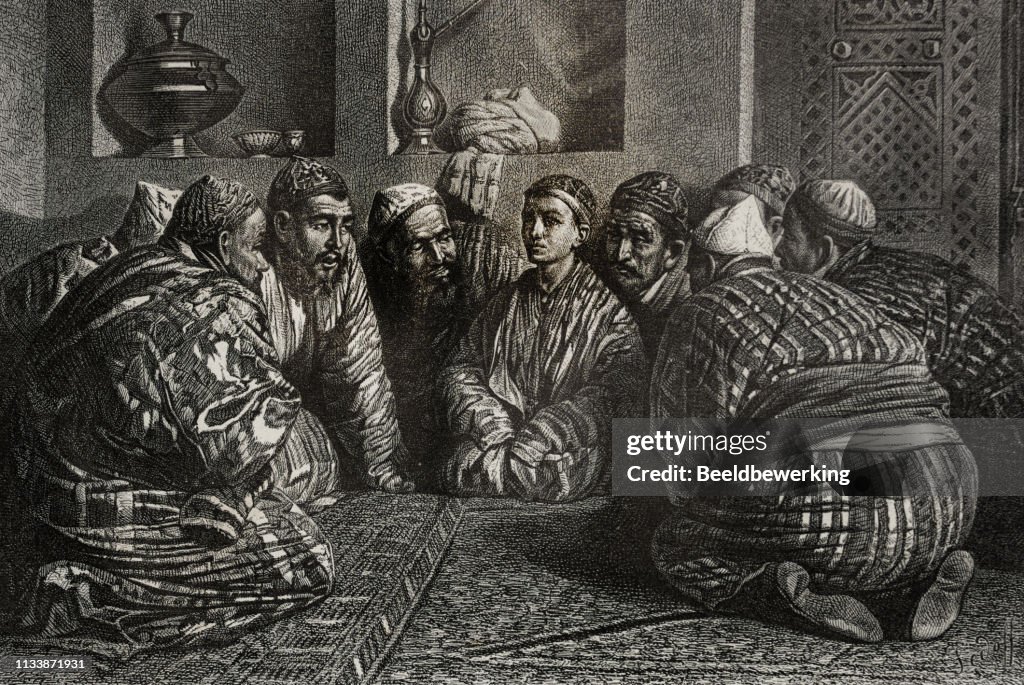 Small room with old men with one boy in Samarkand