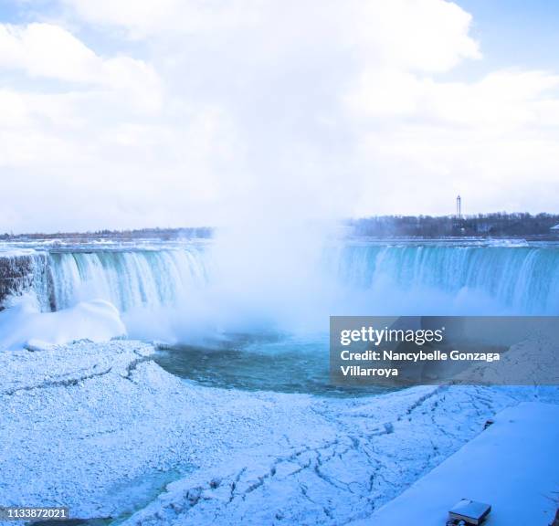 snow and ice covered areas in niagara falls winter 2019 - ナイアガラフォールズシティ ストックフォトと画像