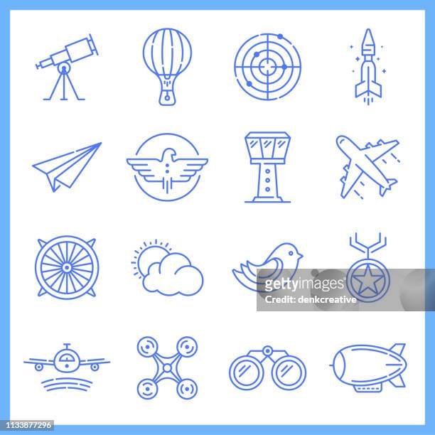 aviation academy blueprint style vector icon set - luftfahrtindustrie stock-grafiken, -clipart, -cartoons und -symbole
