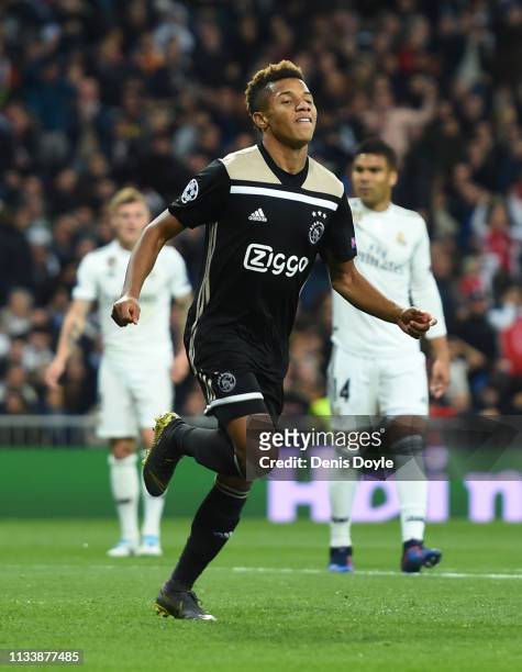 David Neres of Ajax celerbates as he scores his team's second goal during the UEFA Champions League Round of 16 Second Leg match between Real Madrid...