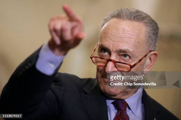 Senate Minority Leader Charles Schumer talks to reporters following the weekly Democratic Senate policy luncheon at the U.S. Capitol March 05, 2019...