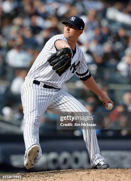 Zack Britton of the New York Yankees in action against the Baltimore Orioles on Opening Day at Yankee Stadium on March 28, 2019 in the Bronx borough...