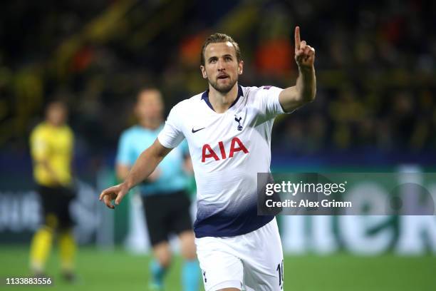 Harry Kane of Tottenham Hotspur celebrates after he scores his sides first goal during the UEFA Champions League Round of 16 Second Leg match between...