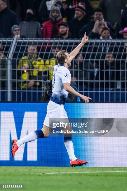 Harry Kane of Tottenham celebrates his team's first goal during the UEFA Champions League Round of 16 Second Leg match between Borussia Dortmund and...