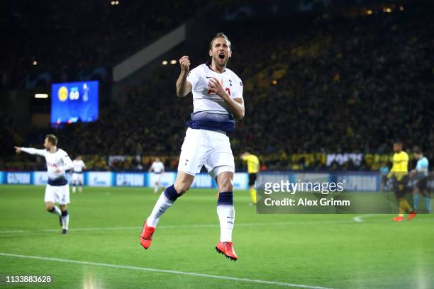 Harry Kane of Tottenham Hotspur celebrates after he scores his sides first goal during the UEFA Champions League Round of 16 Second Leg match between...