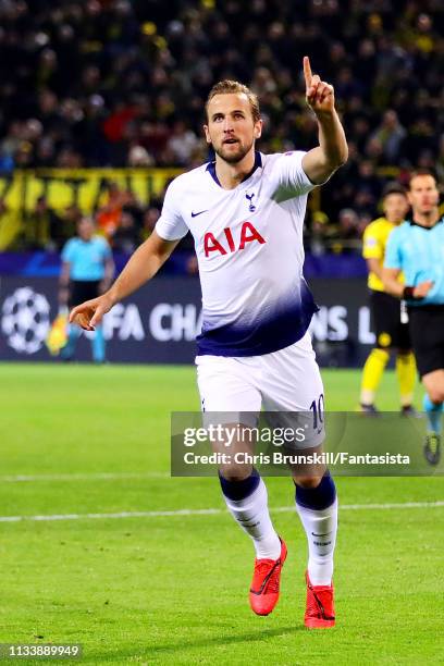 Harry Kane of Tottenham Hotspur celebrates scoring the opening goal during the UEFA Champions League Round of 16 Second Leg match between Borussia...