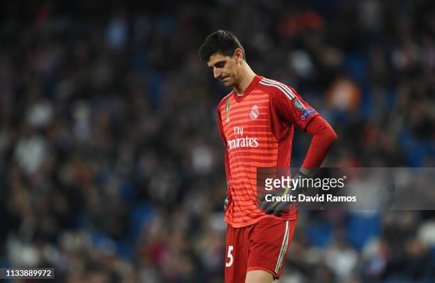 Thibaut Courtois of Real Madrid looks dejected during the UEFA Champions League Round of 16 Second Leg match between Real Madrid and Ajax at Bernabeu...