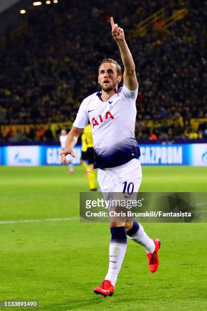 Harry Kane of Tottenham Hotspur celebrates scoring the opening goal during the UEFA Champions League Round of 16 Second Leg match between Borussia...