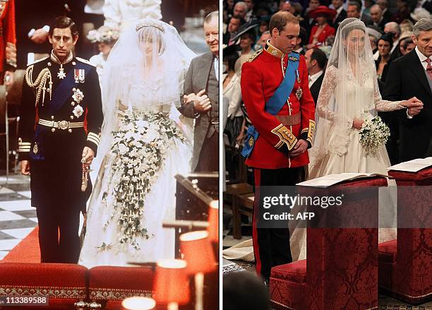 Combo image showing the wedding of Lady Diana, Princess of Wales with Prince Charles of Wales at St Paul Cathedral in London on July 29, 1981 and an...