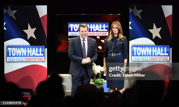 Television personality Eric Bolling and first lady Melania Trump participate in a town hall meeting on the opioid crisis as part of Trump's "Be Best"...