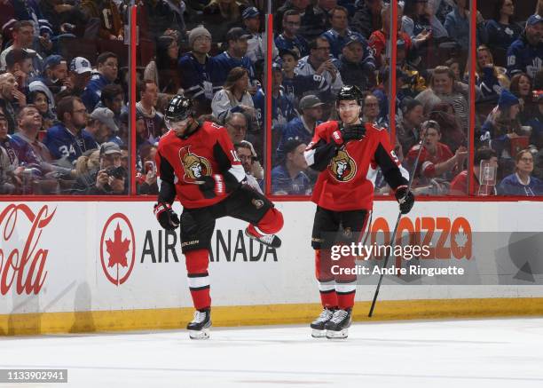 Anthony Duclair of the Ottawa Senators celebrates his second period goal against the Toronto Maple Leafs with teammate Magnus Paajarvi at Canadian...