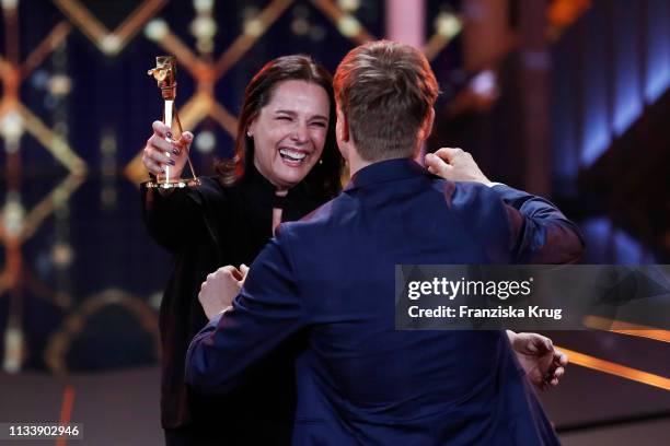 Desiree Nosbusch and Albrecht Schuch during the Goldene Kamera show at Tempelhof Airport on March 30, 2019 in Berlin, Germany.