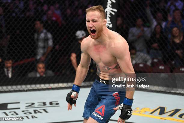 Justin Gaethje reacts after knocking out Edson Barboza of Brazil in their lightweight bout during the UFC Fight Night event at Wells Fargo Center on...