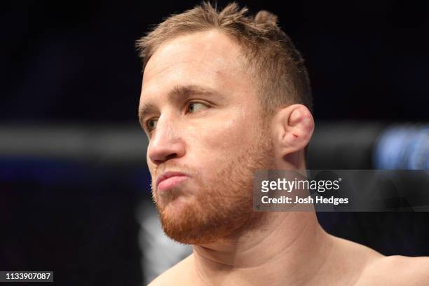 Justin Gaethje stands in his corner prior to facing Edson Barboza of Brazil in their lightweight bout during the UFC Fight Night event at Wells Fargo...