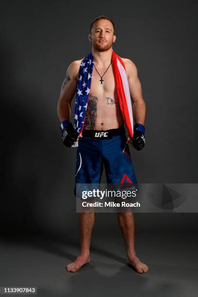 Justin Gaethje poses for a post fight portrait backstage during the UFC Fight Night event at Wells Fargo Center on March 30, 2019 in Philadelphia,...