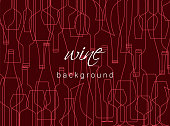 Horizontal background with wine bottles and glasses. Design element for tasting, menu, wine list, restaurant, winery, shop. Texture in modern line style.