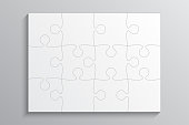 Background with puzzle jigsaw 12 white separate pieces.