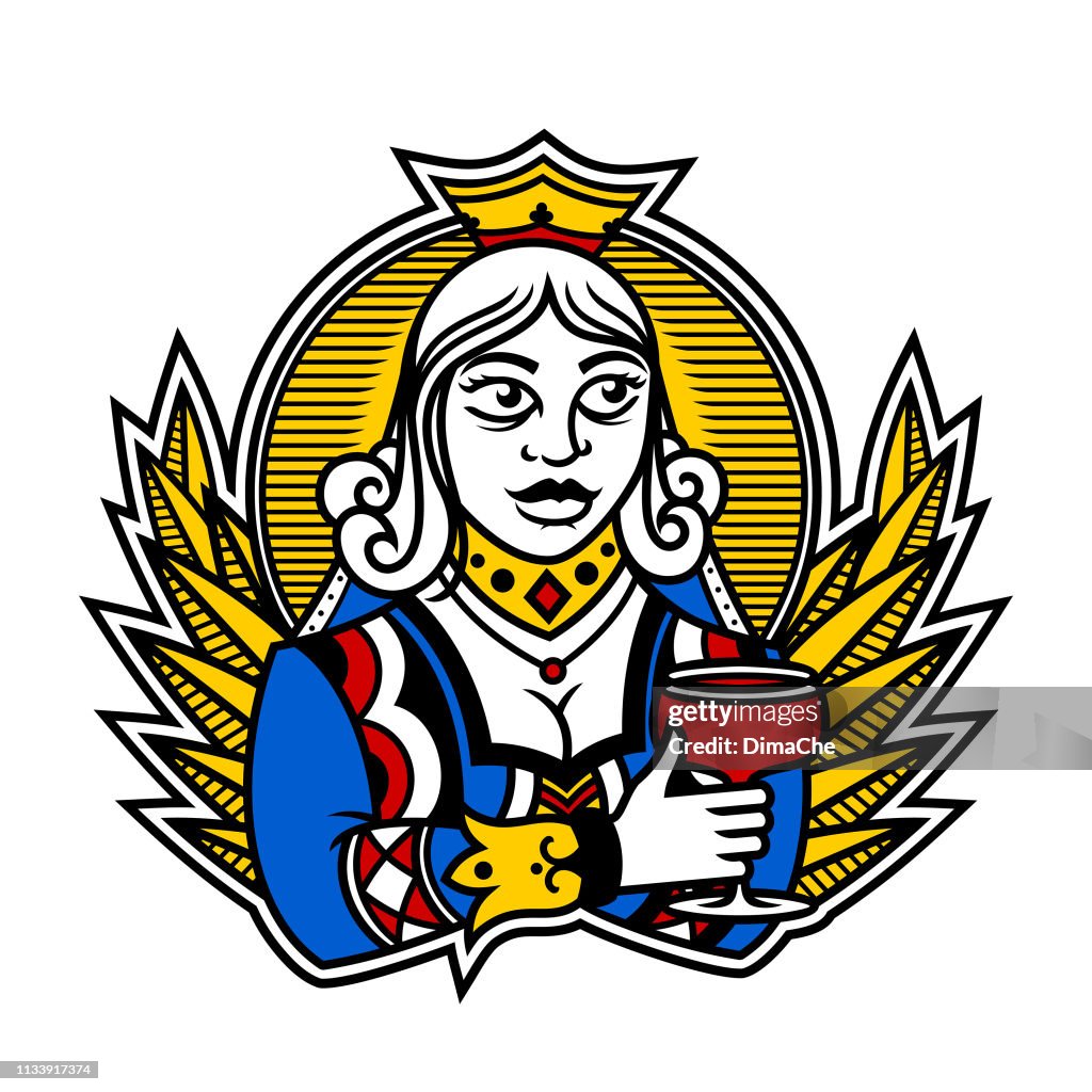 Königin der Vereine mit Wein-Frauencharakter in Spielkarten