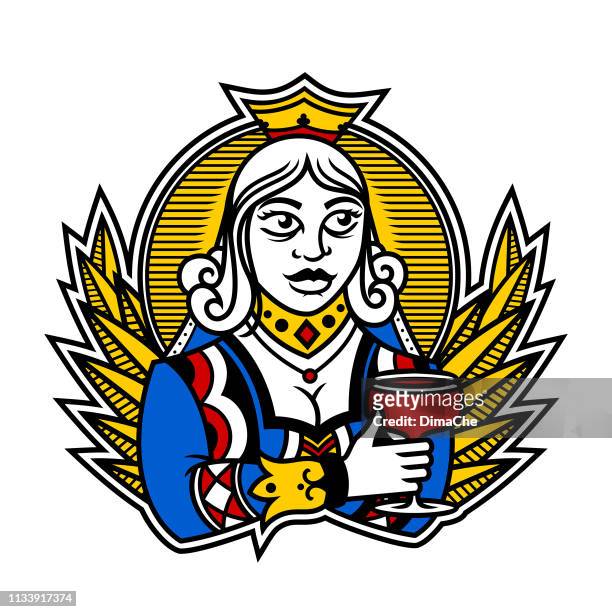 queen of clubs with wine - woman character in playing cards - bar drink establishment stock illustrations