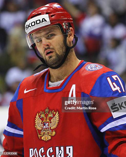 Alexander Radulov of Russia reacts during the IIHF World Championship group A match between Russia and Slovenia at Orange Arena on May 1, 2011 in...