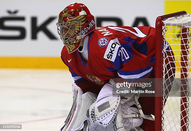 Yevgeni Nabokov, goaltender of Russia waits for the puck during the IIHF World Championship group A match between Russia and Slovenia at Orange Arena...