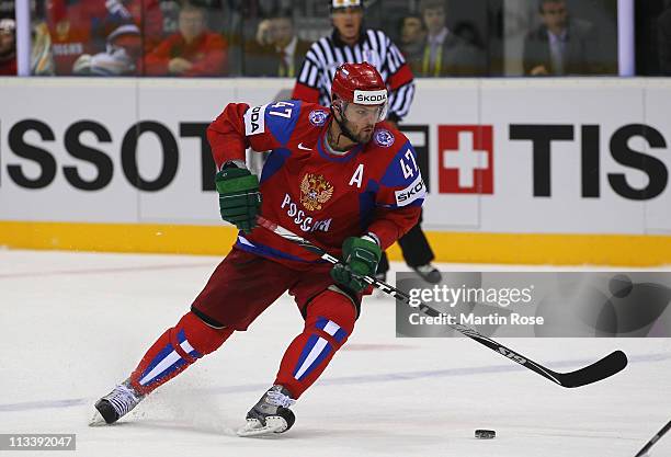 Alexander Radulov of Russia skates with the puck during the IIHF World Championship group A match between Russia and Slovenia at Orange Arena on May...