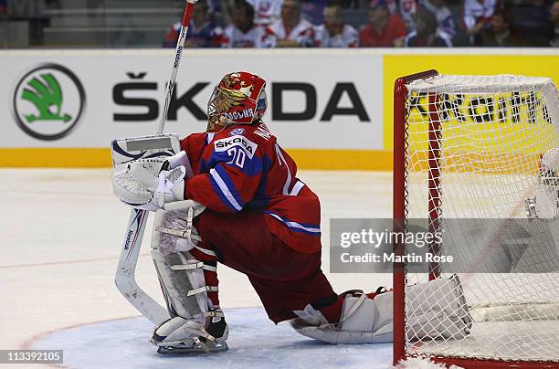 Yevgeni Nabokov, goaltender of Russia waits for the puck during the IIHF World Championship group A match between Russia and Slovenia at Orange Arena...