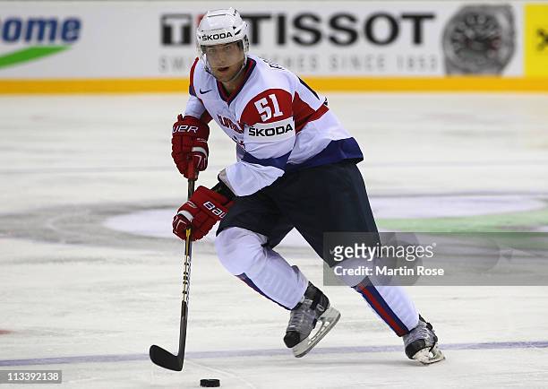 Mitja Robar of Slovenia skates with the puck during the IIHF World Championship group A match between Russia and Slovenia at Orange Arena on May 1,...