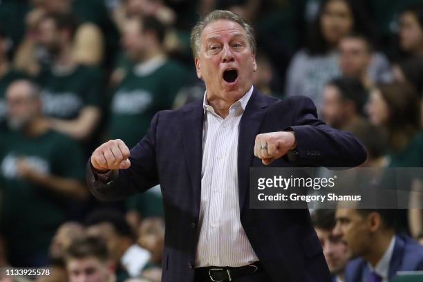 Head coach Tim Izzo of the Michigan State Spartans reacts on the bench while playing the Nebraska Cornhuskers at Breslin Center on March 05, 2019 in...