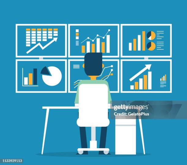 stockillustraties, clipart, cartoons en iconen met zakenman analytics business graph en seo op het web - screen dashboard analytics