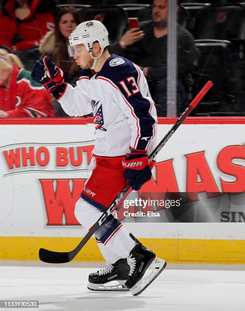 Cam Atkinson of the Columbus Blue Jackets celebrates after a point in the shootout against the New Jersey Devils on March 05, 2019 at Prudential...