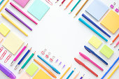 Ideas creativity concepts with flat lay of colorful stationery on wite space background.back to School.Modern mock up of business