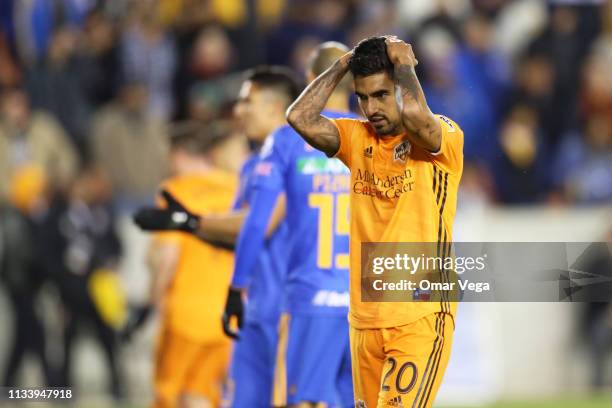 Aj Delagarza of Houston Dynamo shows frustration during the quarter final first leg match between Houston Dynamo and Tigres UANL as part of the...