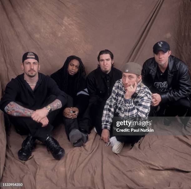 Portrait of American Rock group Sevendust as they pose backstage at the Allstate Arena, Rosemont, Illinois, January 7, 2000. Pictured are, from left,...