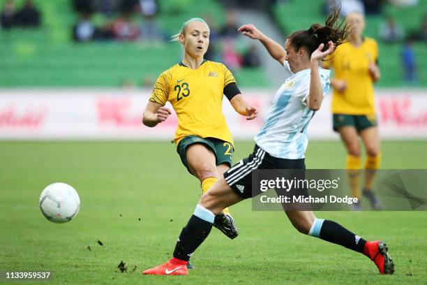 Teigan Allen of the Matildas passes the ball past Florencia Bonsegundo during the Cup of Nations match between Australia and Argentina at AAMI Park...