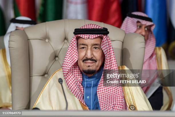 Saudi Arabia's King Salman bin Abdulaziz chairs the opening session of the 30th Arab League summit in the Tunisian capital Tunis on March 31, 2019.