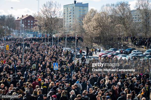 Supporters of AIK await for the arrival of the team bus before the start of the opening day Allsvenskan match between AIK and Ostersunds FK at...